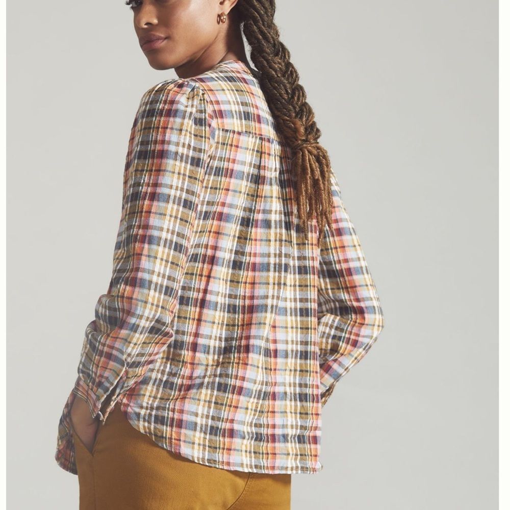 Anthropologie Pilcro Multicolor Plaid Tie Neck Blouse S - Picture 4 of 10